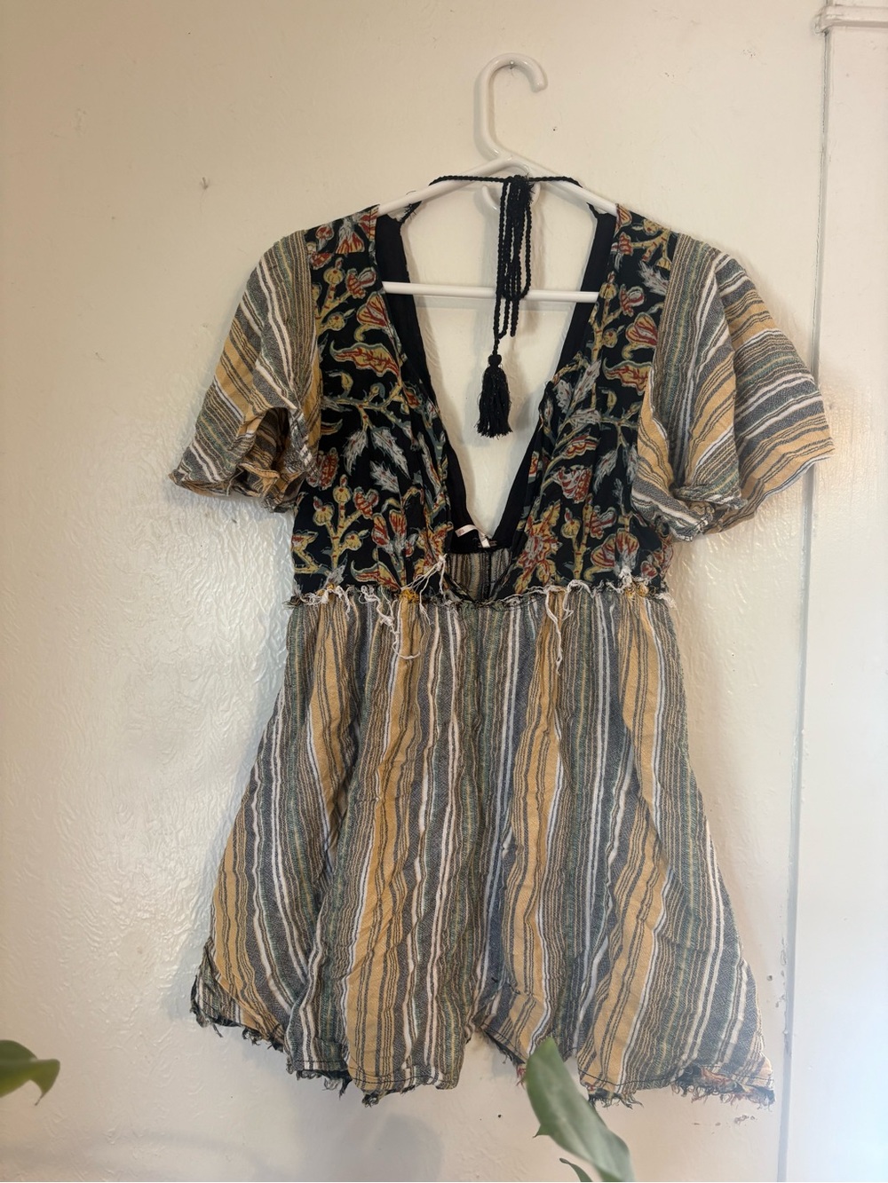 Free People Striped Tunic with Floral Deep V Yoke - Mustard, Black & Cream